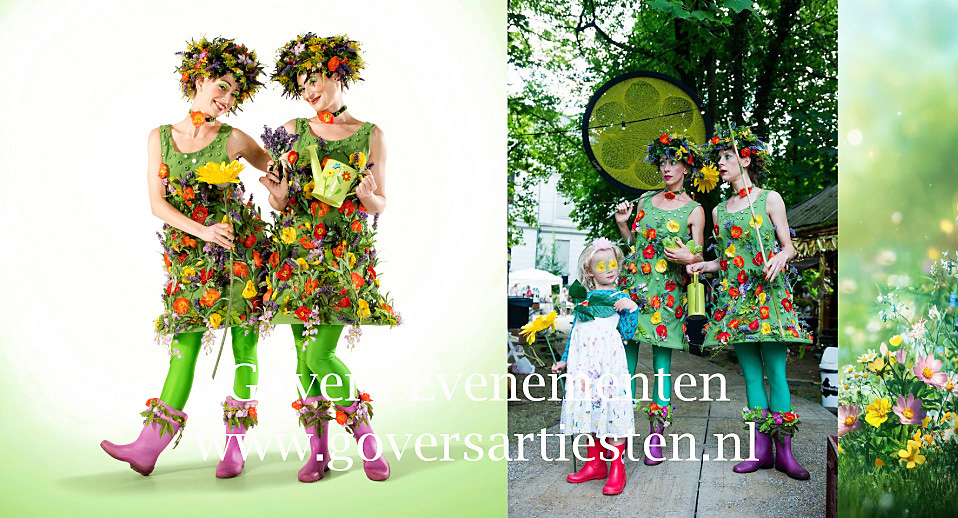 Animatieact, straattheater, ontvangstact, bloemen, groen, duurzaam entertainment, Govers Evenementen, winkelcentrum entertainment, Bloemenmeisjes