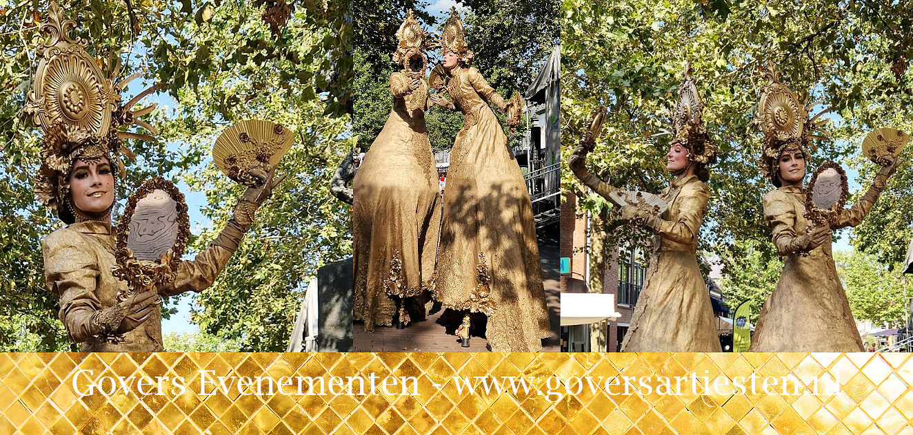 steltenact, steltentheater, straattheater op stelten, steltenlopers, gouden thema, steltenact in Goud, goud wat er blinkt, acteurs inhuren, steltenvoorstelling