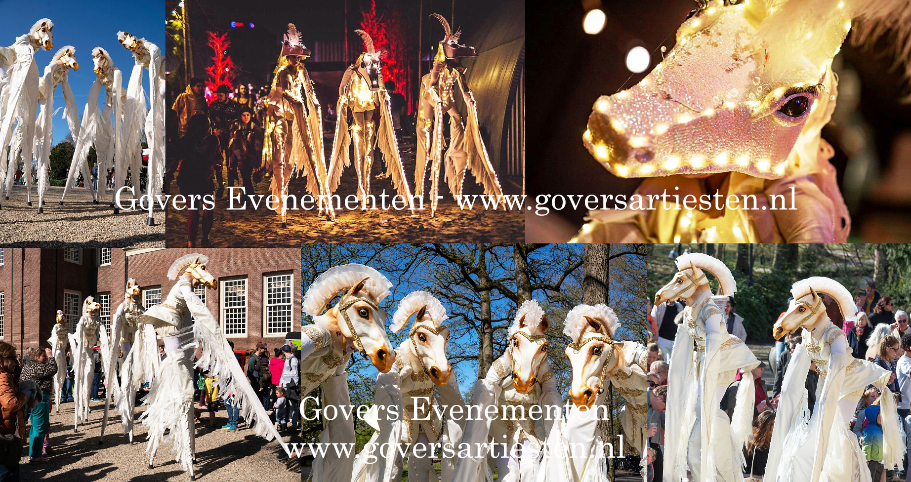 Verlichte Witte paarden, steltenact, verlicht entertainment, straattheater, steltenact, steltentheater, winterentertainment, wit entertainment, winter voorstelling, kerst entertainment, licht, verlicht, Govers Evenementen