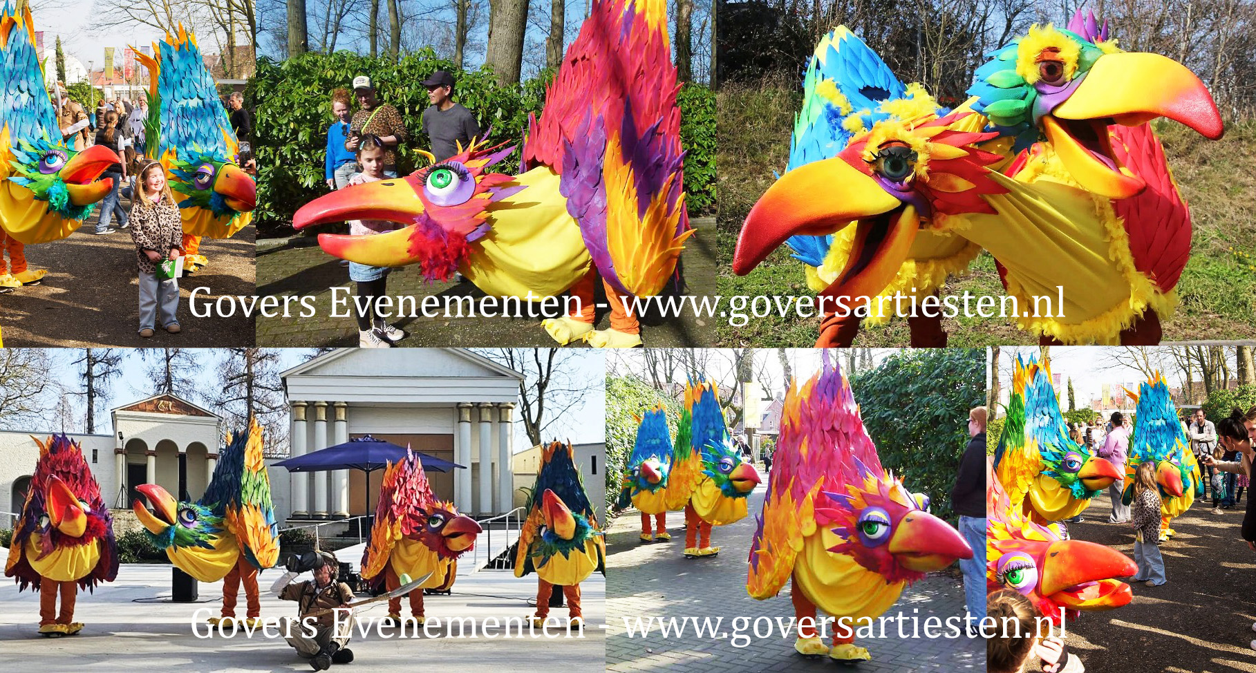 De Kleurrijkste vogels, vrolijk straattheater, kindervoorstelling, kleurrijke vogels op straat, entertainment voor uw winkelcentrum, festival entertainment, straattheater voorstelling, kleurrijk entertainment, artiesten boeken, straatheater voor kinderen