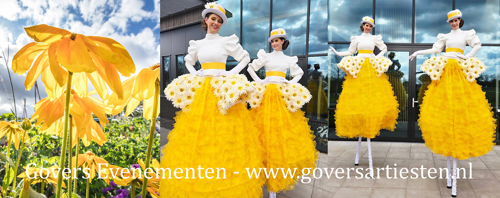 Gerbera Daisies, een vrolijke voorjaars steltenact, steltenlopers, steltentheater, straattheater op stelten, bloemengroet, bloemen op stelten, tuincentrum met bloemen, bloemenhulde, kleur geel, steltenact voor opening, winkelcentrum steltenact 