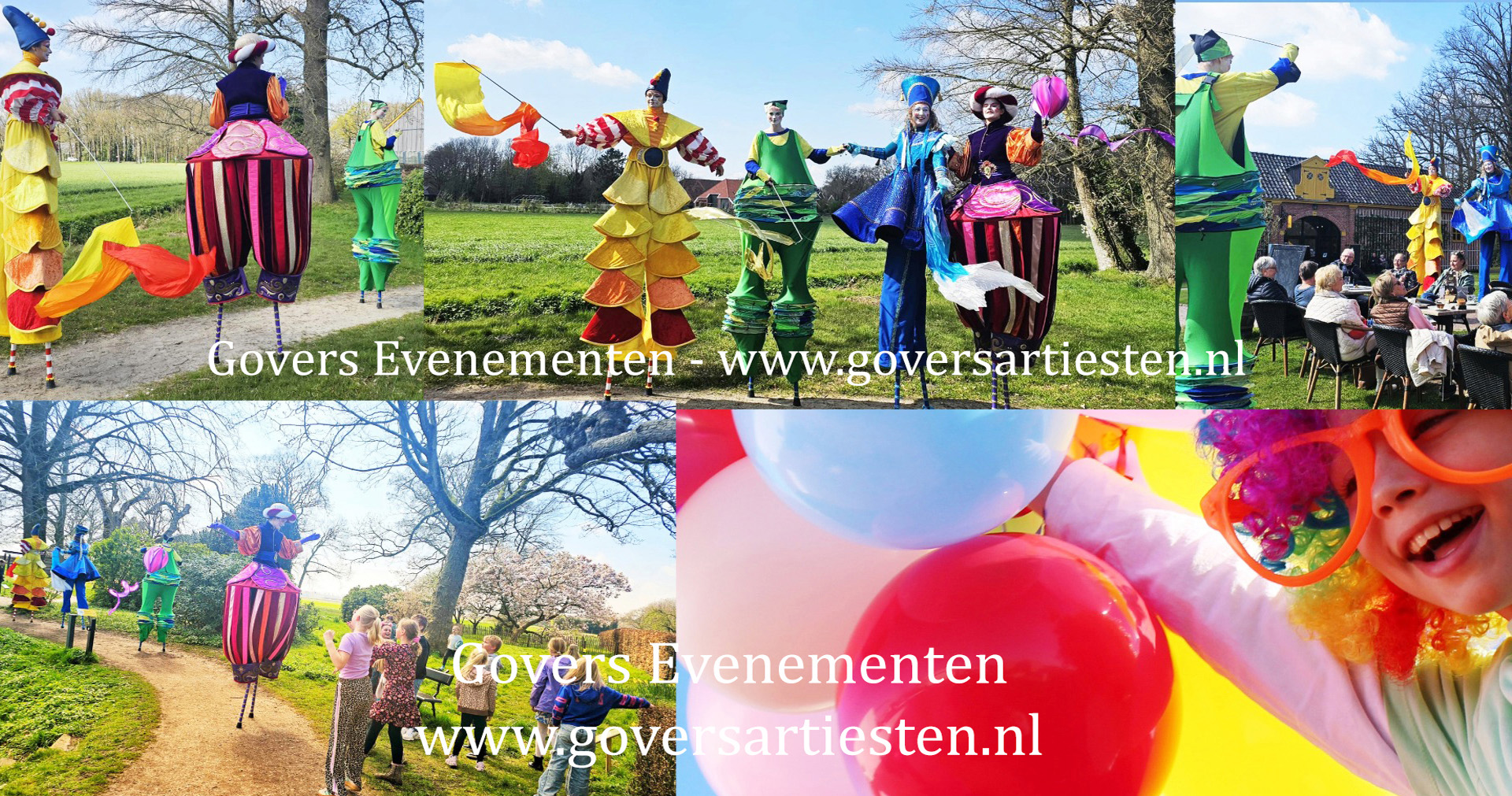 Circus, vrolijke straattheater-act, steltenact, steltenlopers, steltentheater, circus-act op stelten, artiesten boeken voor uw feest, artiesten voor een opening, winkelcentrum entertainment, een vrolijke parade act, Govers Evenementen, muziek op stelten, kindervoorstelling, circus voor kinderen, artiesten voor aankondiging van uw feest, kleurrijk, rood, geel, groen, regenboog, blauw