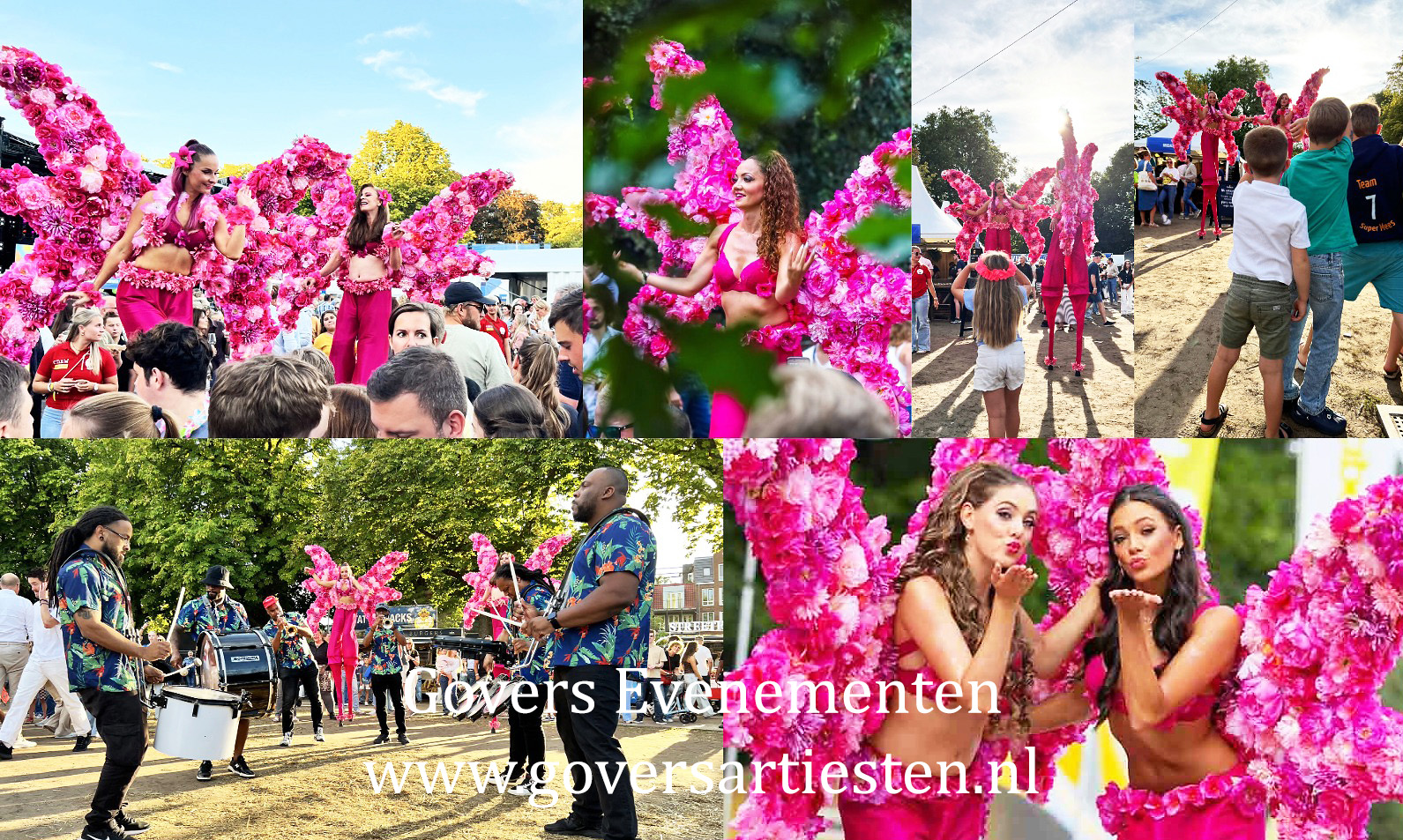 Tropical Pink, een tropische kleurrijke steltenact, te boeken bij Govers Evenementen, www.goversartiesten.nl, steltenlopers, steltentheater, stelten, steltenact, act op stelten